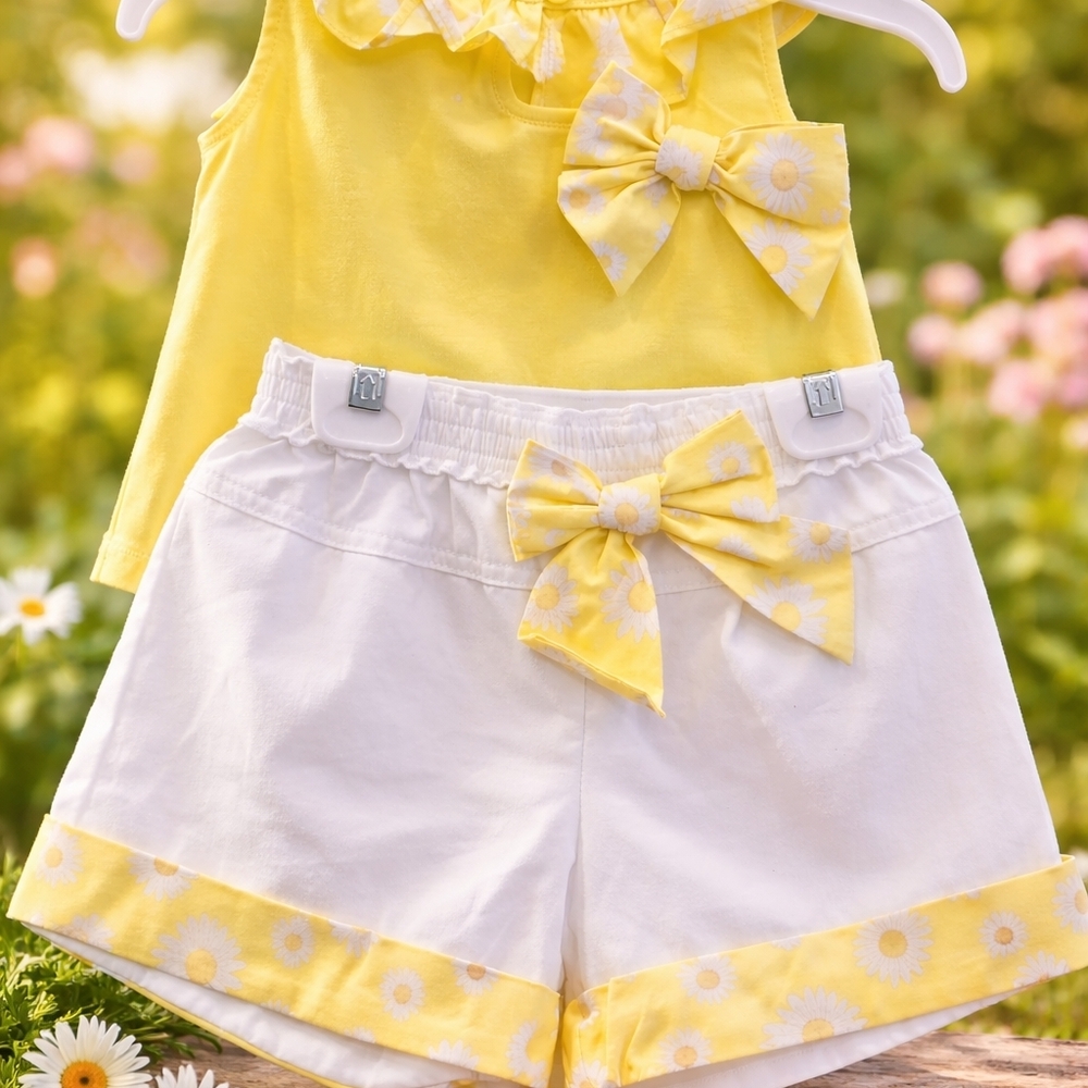 Maggie & Zoe Yellow and White Daisy Bow Tank Top & Shorts Set